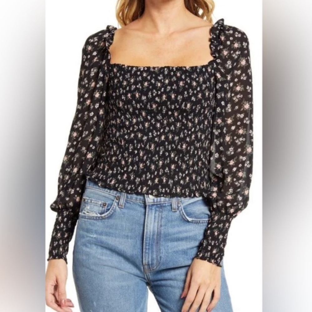 Reformation Pinto Top in Freesia Square Neck Smocked Long Sleeve Blouse size lg